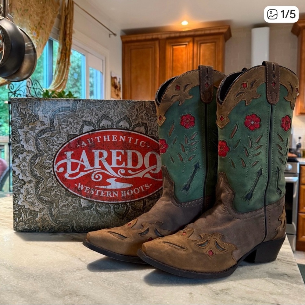 Laredo Brown and Green Western Boots with Red Floral Accents